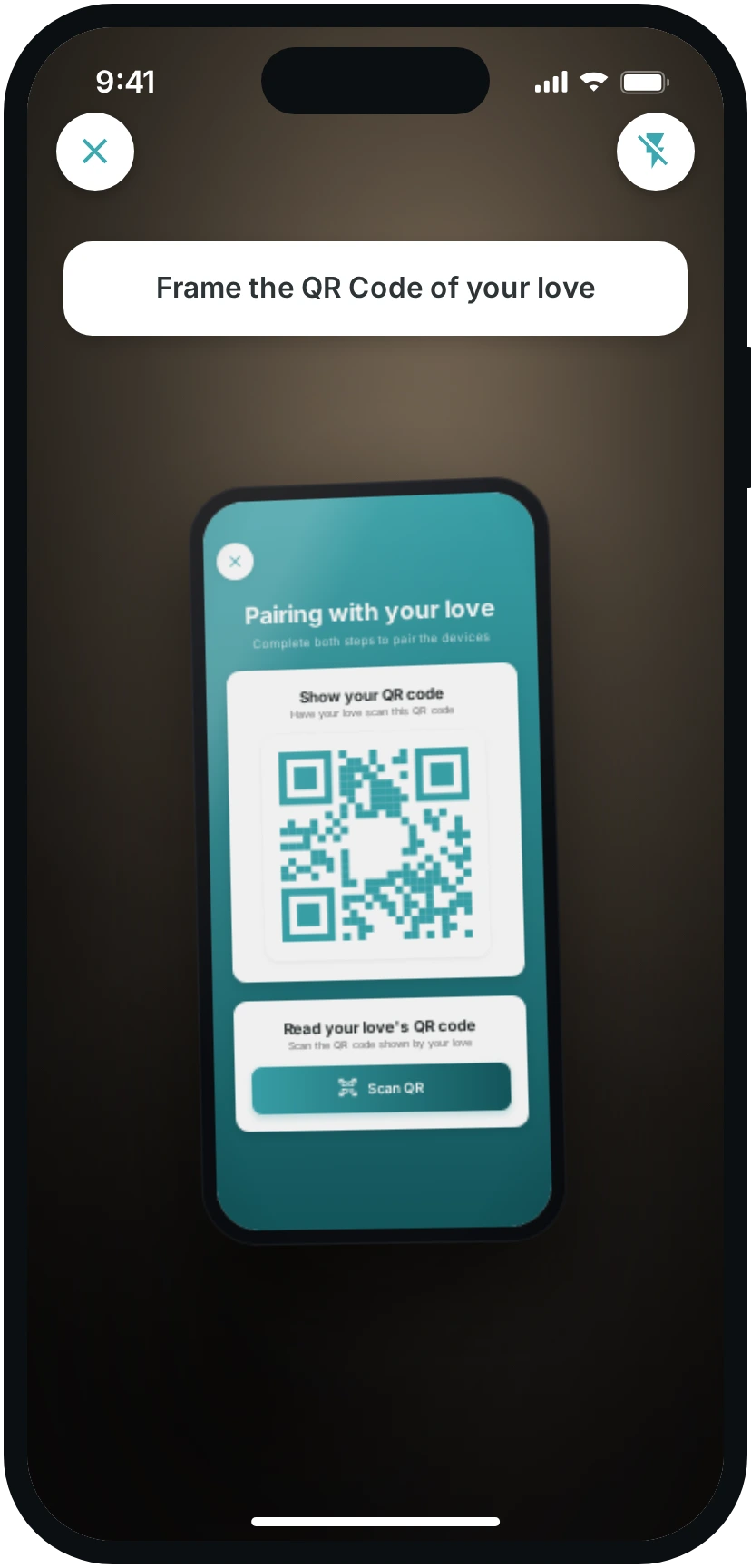 The other phone's QR code in focus inside the scanner.