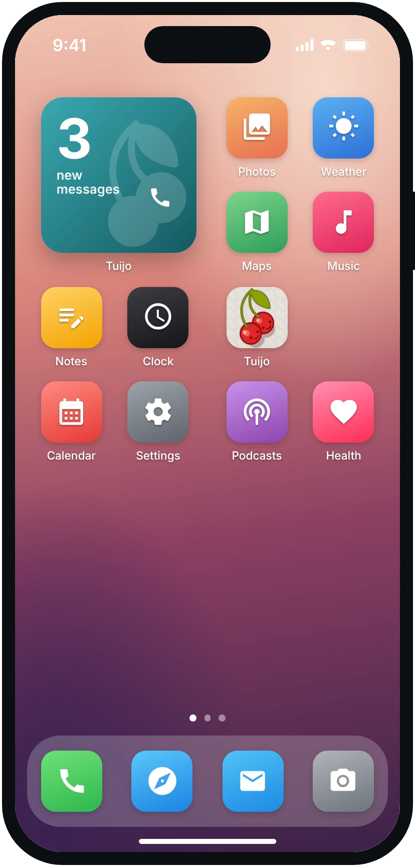 The Tuijo widget with 3 new messages.