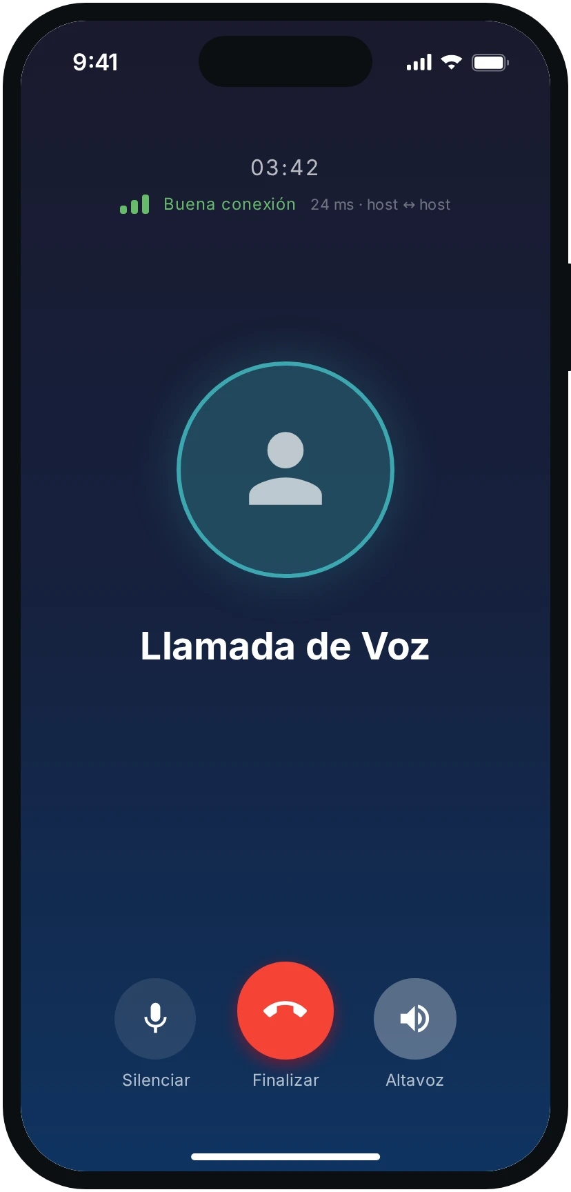 La pantalla de llamada de voz de Tuijo con duración y calidad de conexión.