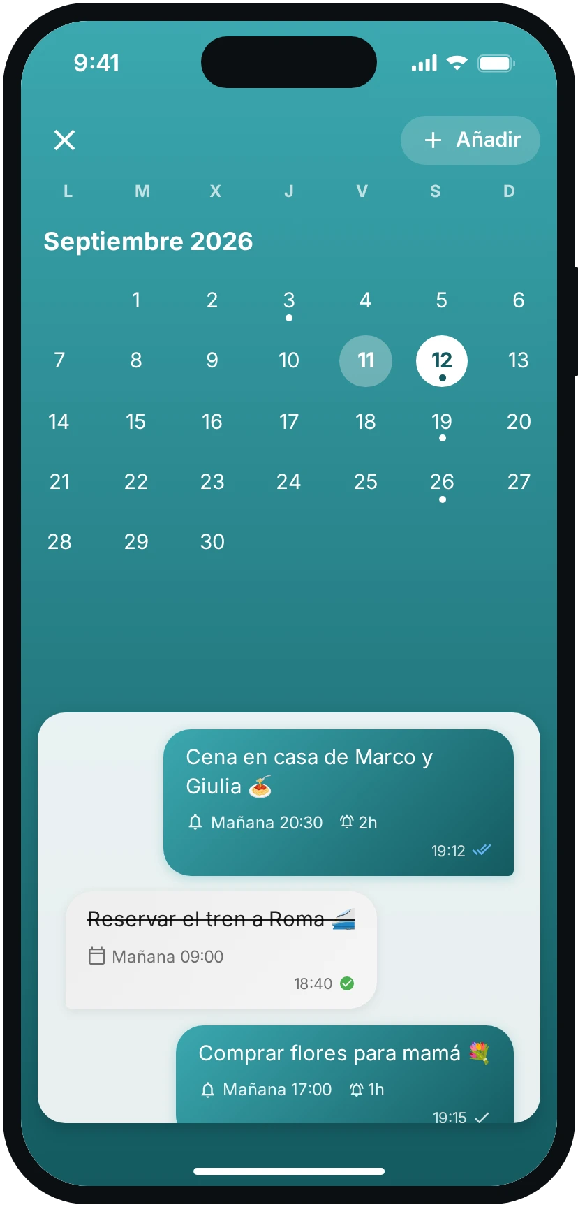 El calendario compartido de Tuijo con los recordatorios del día seleccionado.