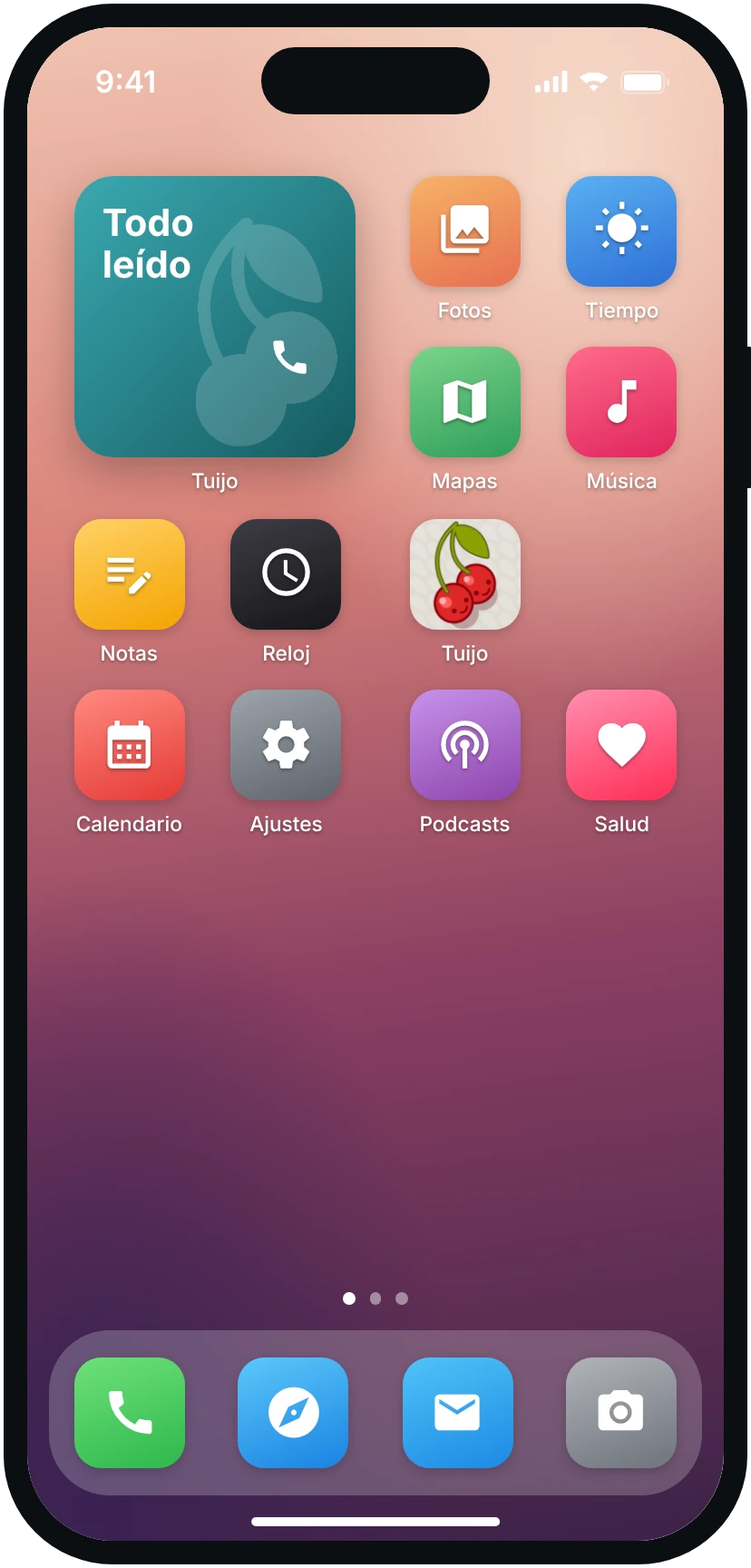 La pantalla de inicio con el widget de Tuijo: todo leído, y el auricular para llamar.