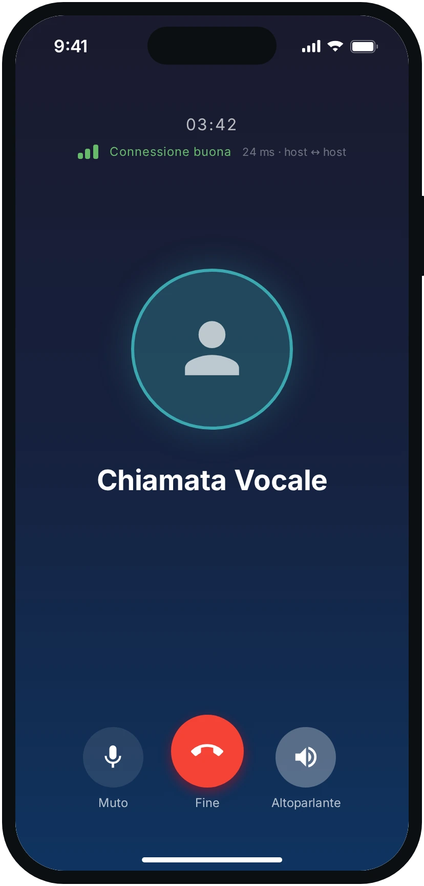La schermata di chiamata vocale di Tuijo con durata e qualità della connessione.