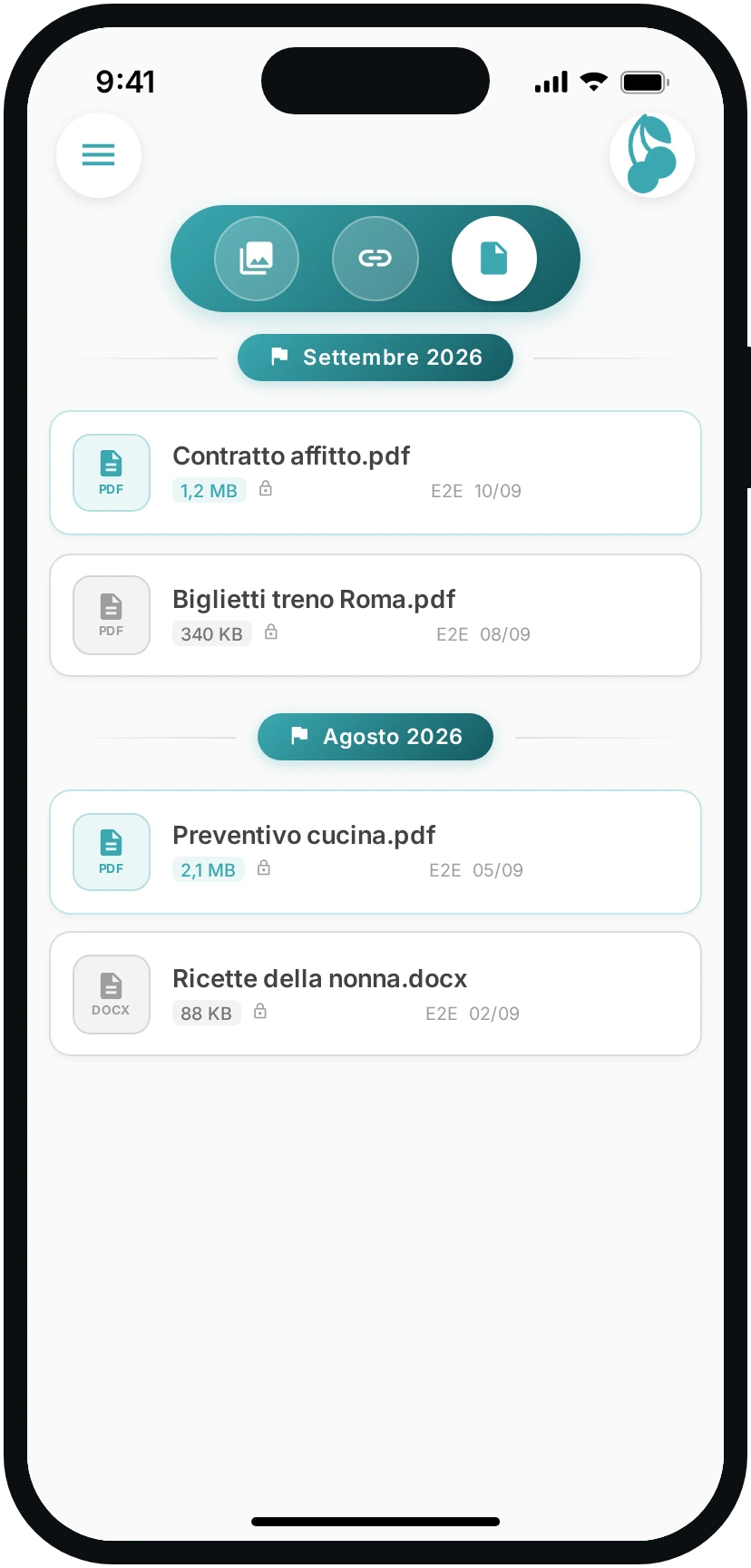 La scheda dei documenti condivisi, con peso e data.