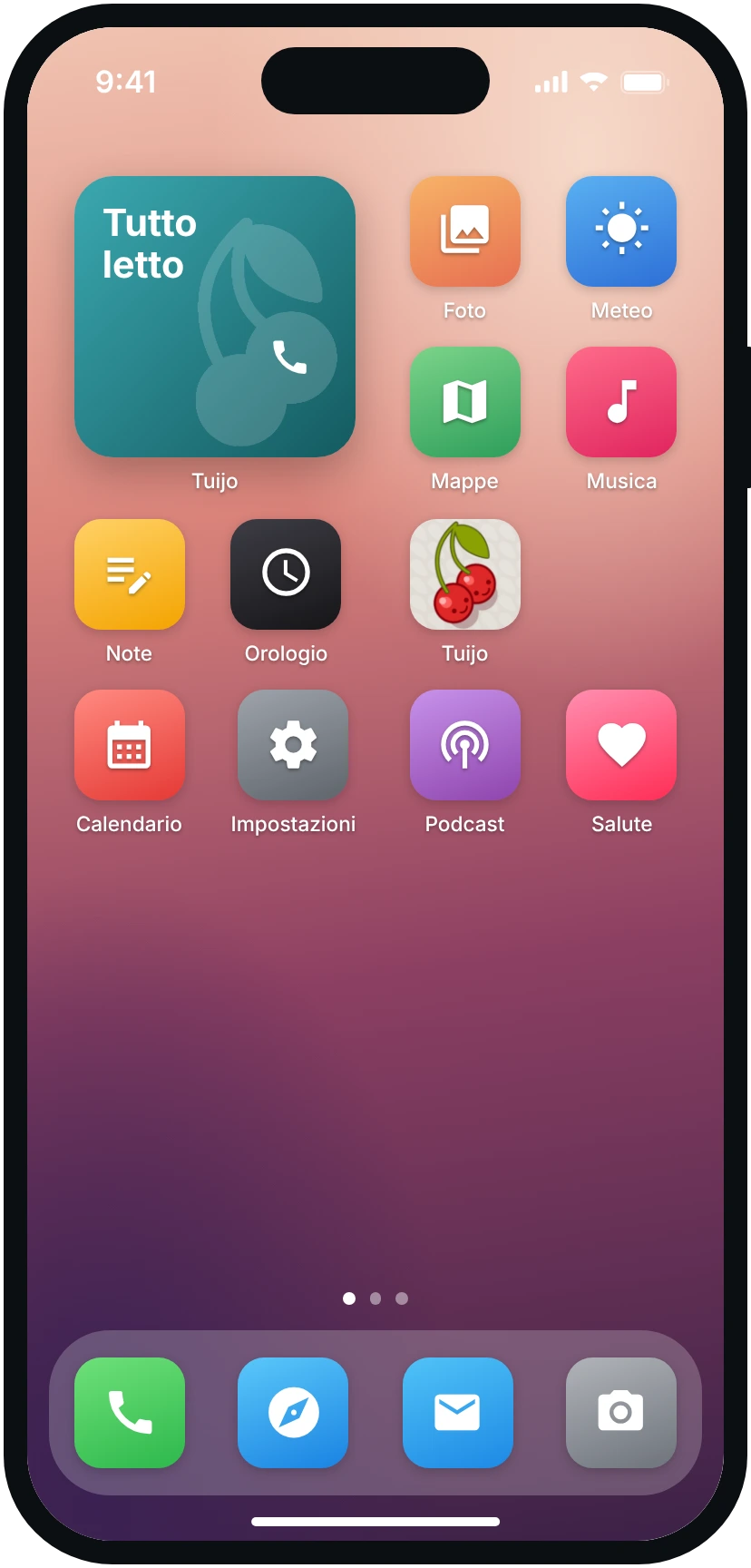 La schermata Home con il widget di Tuijo: tutto letto, e la cornetta per chiamare.